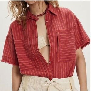 Women's L We The Free Red Striped Button Down Shirt Boho Trendy Linen